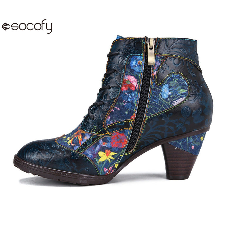 Socofy Vicconfy Vintage Floral Cowhide Ethnic Women's Leather Boots