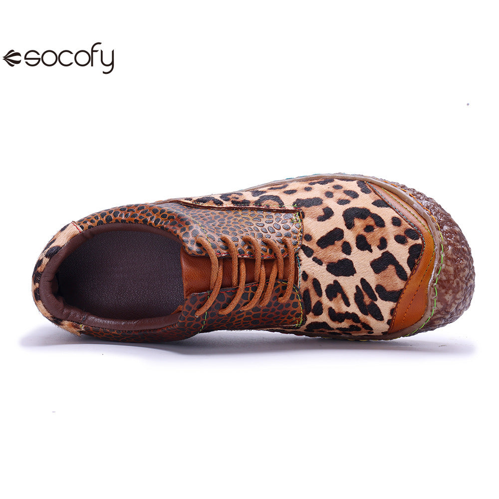 Socofy Vicconfy Genuine Leather Handmade Leopard Print Casual Comfort Loafers