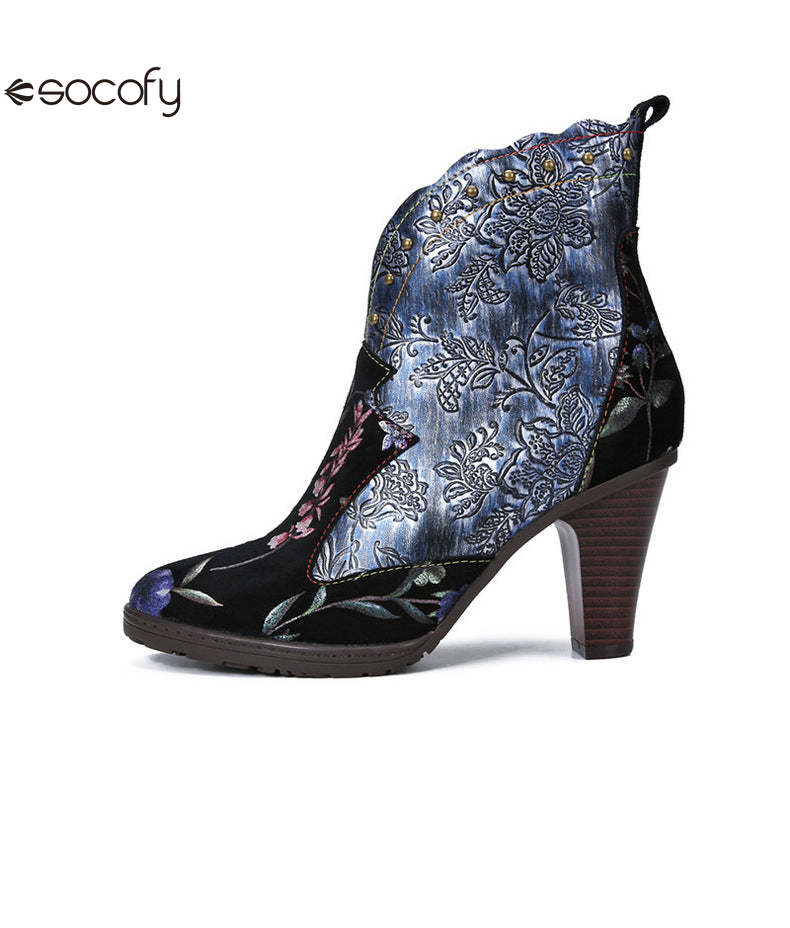 Socofy Vicconfy Vintage Genuine Leather Boots Floral Women's Boots