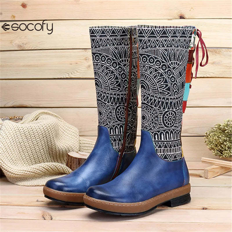 Socofy Vinatge Handmade Knee High Boots For Women Genuine Leather Shoes Women