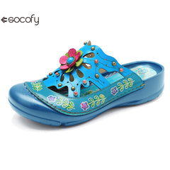 Socofy Genuine leather hand-rubbed vintage casual three-dimensional flower hollow comfortable shoes