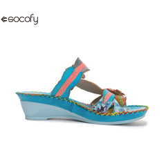 Socofy summer fashionable flower women's shoes ethnic style retro casual leather wedge slippers