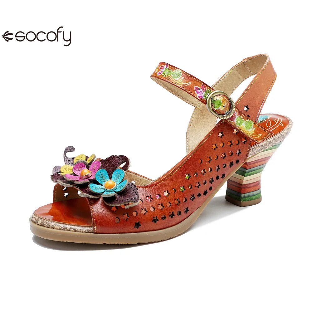 Socofy Summer New Genuine Leather Hand-painted Retro Hollow-out Flower High Heeled Sandals