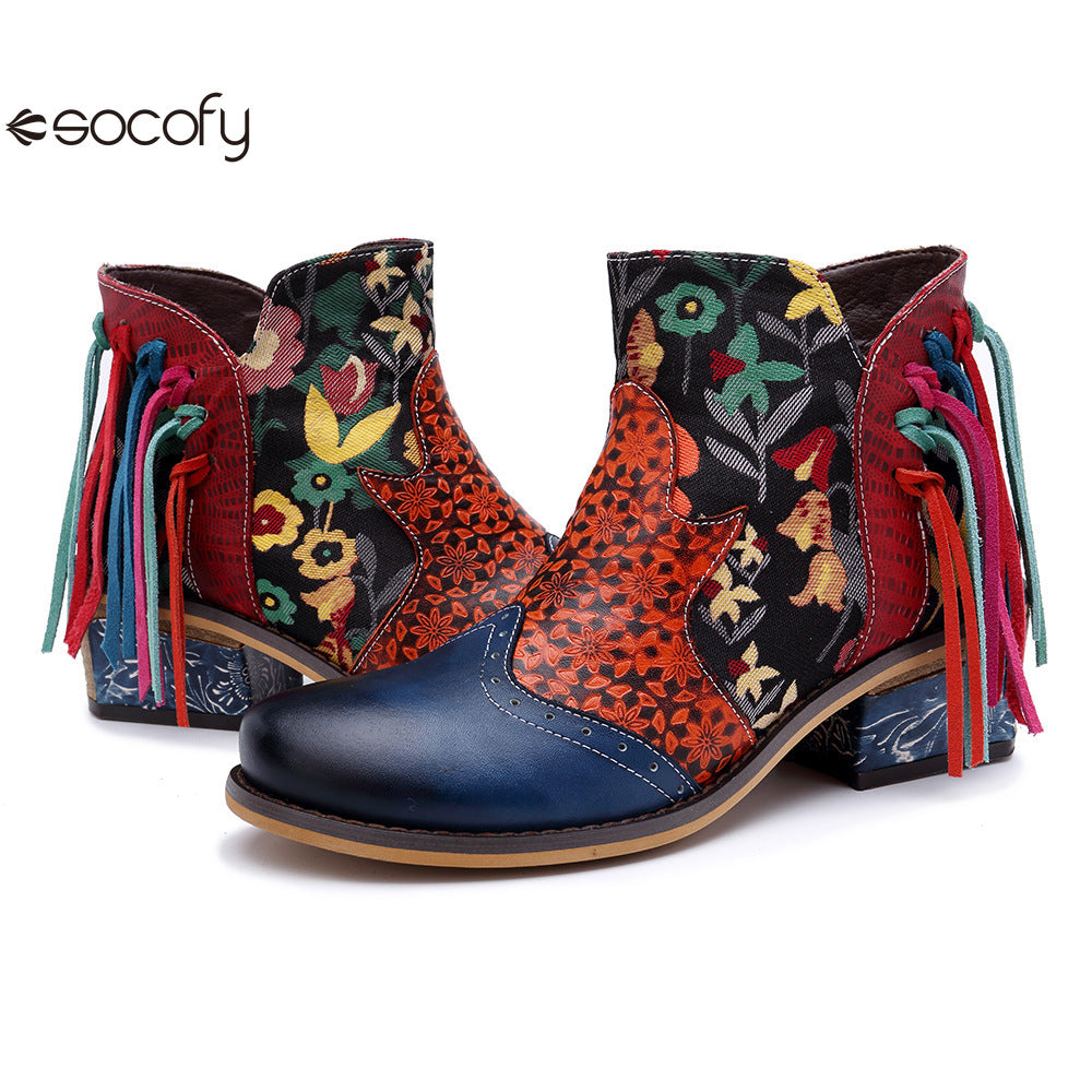 Socofy Vicconfy Leather Printed Fringe Cowboy Boots