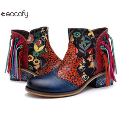 Socofy Vicconfy Leather Printed Fringe Cowboy Boots