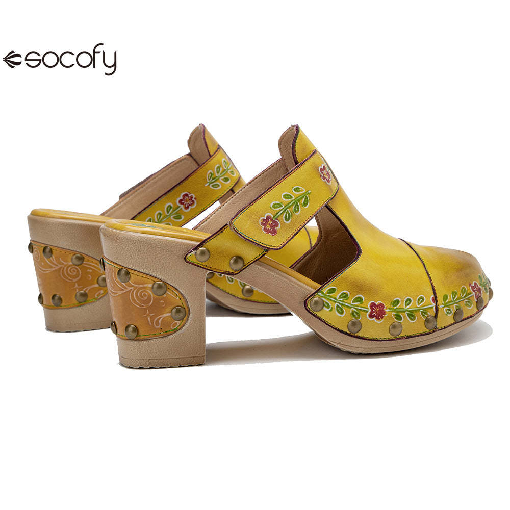 Socofy Spring and summer new spot genuine leather retro floral Baotou comfortable thick heel clogs and sandals