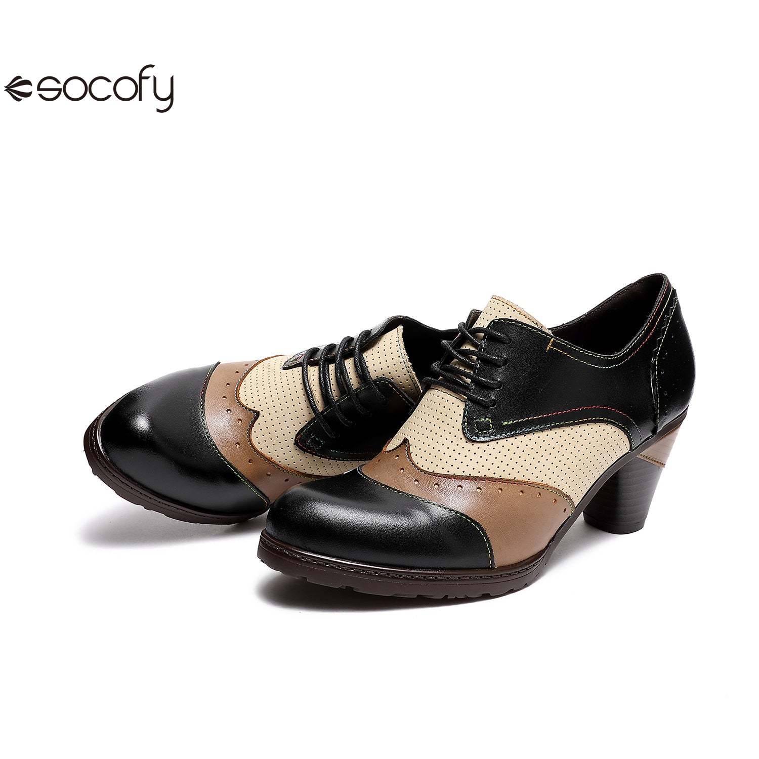 Socofy Thick-heeled retro ethnic style low-top round-toe women pumps