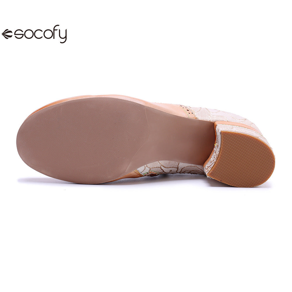 Socofy Genuine leather beige vintage brogue tassel side zipper pumps