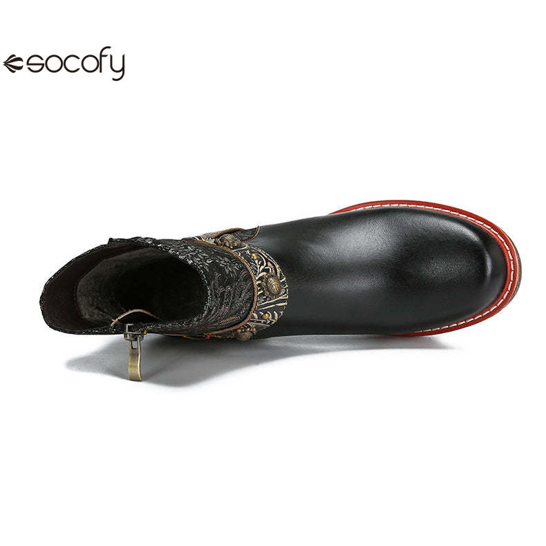 Socofy Vicconfy Ethnic Women's Leather Boots Side Zipper Fashion Boots