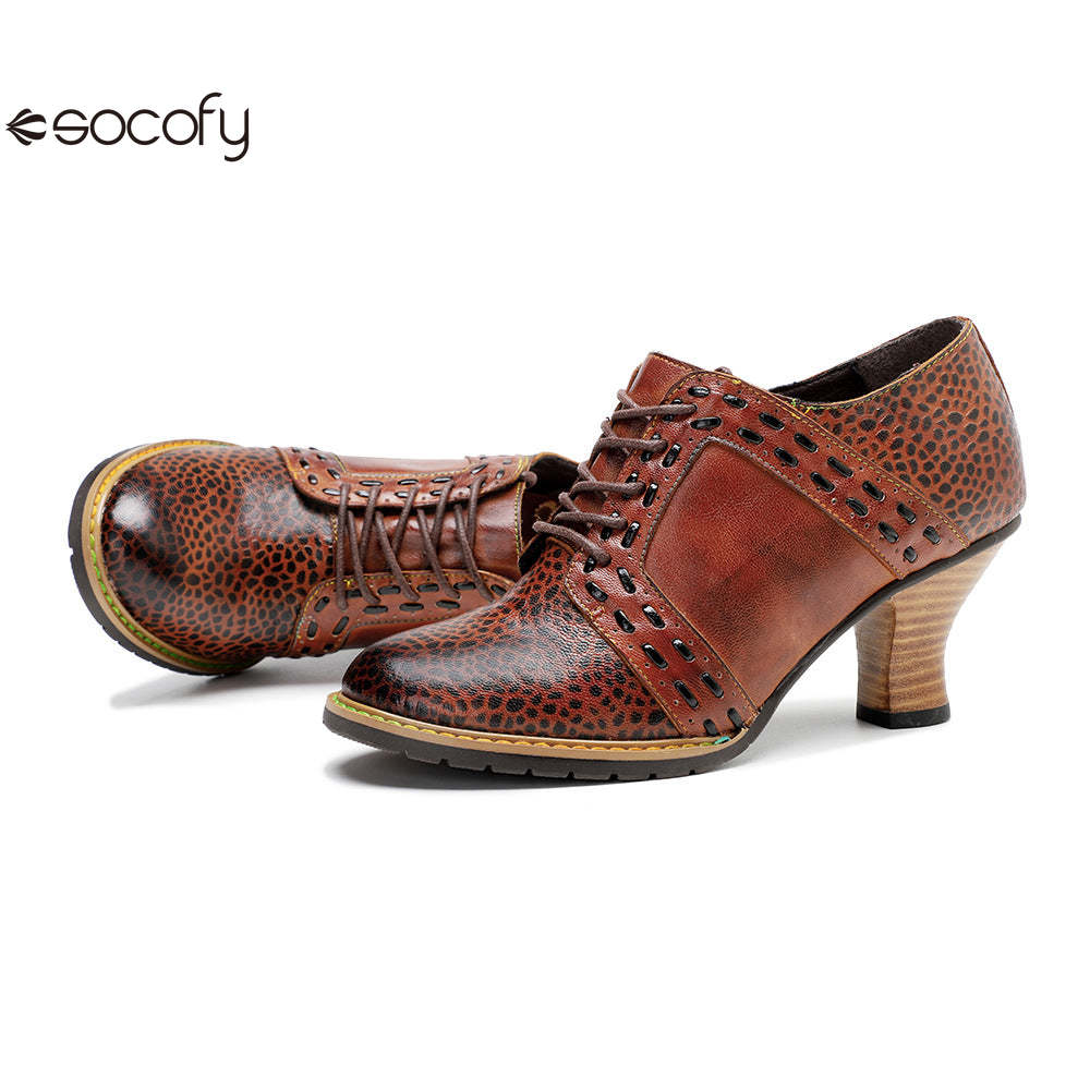 Socofy Leather Leopard Print Lace Up Women's High Heels