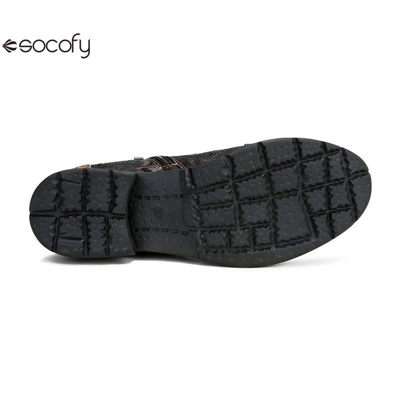 SOCOFY Genuine Leather Ethnic Style Round Toe Belt Buckle Handmade Embossing Short Boots