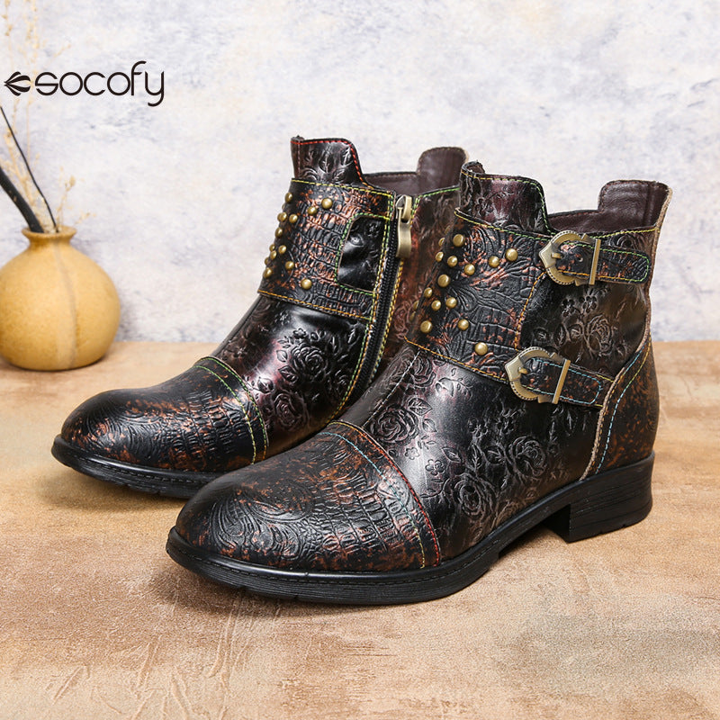 Socofy Vicconfy Genuine Leather Ethnic Vintage Rivet Belt Buckle Boots