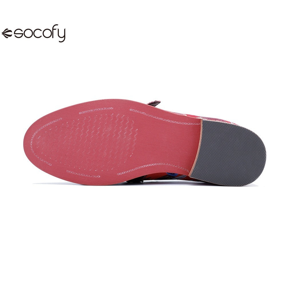 Socofy Handmade Leather Vintage Printed Tassel Flat Loafers Shoes