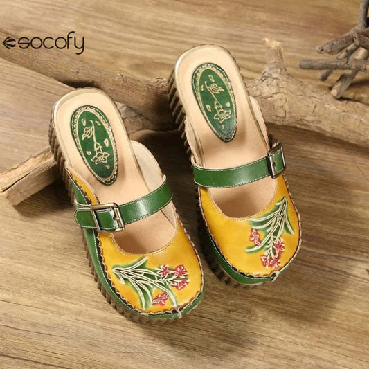 Socofy Ethnic Style Genuine Leather Hand-painted Outside Wedges Slides Retro Platform Slippers 800