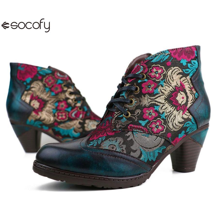 Socofy Genuine Leather short Embroidered flowers round toe high heel fashion boots for women