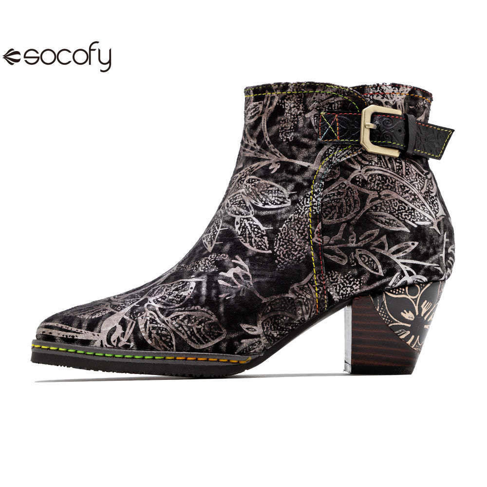 Socofy Autumn and Winter Retro Metal Reflective Colour Elegant Chunky Heel Women's Boots