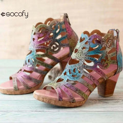 Socofy Genuine Leather Hand-painted Retro Sewing Zip Casual Handmade Sandals