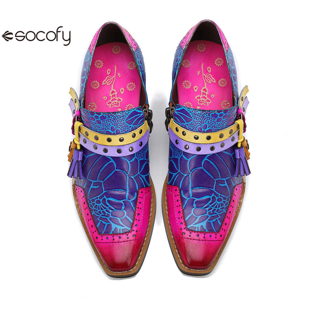 Socofy Leather Vintage Cowboy Style Women's Shallow Mouth Single Shoes