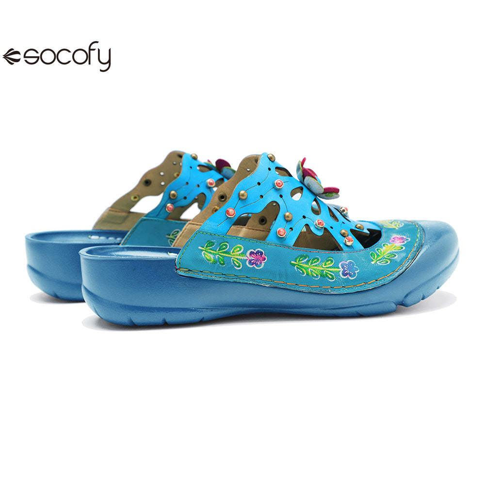 Socofy Genuine leather hand-rubbed vintage casual three-dimensional flower hollow comfortable shoes