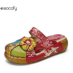 Socofy Flower Genuine Leathe Handmade Slides Flip Flop Women Slippers