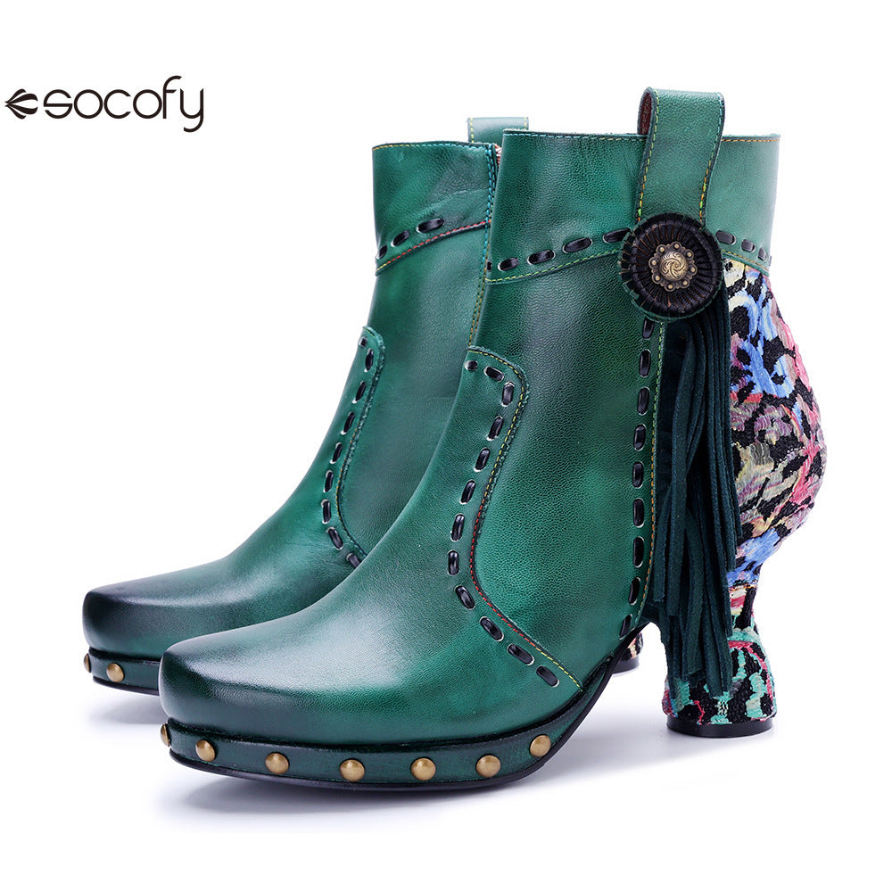 Socofy Vicconfy Retro Handmade Side Fringe Ankle Boots