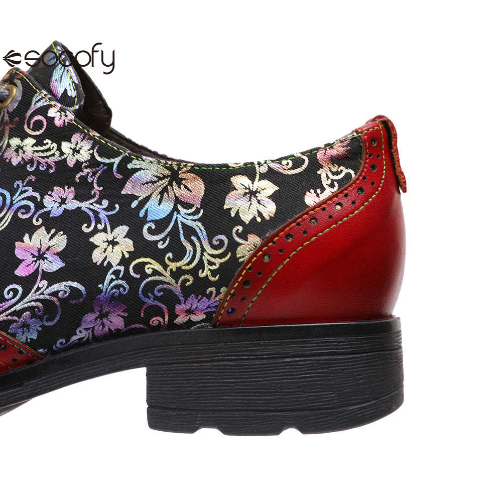 Socofy Ethnic style flower retro cowhide casual women's shoes