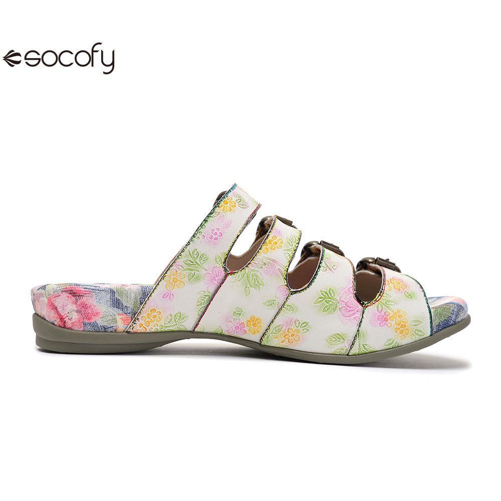 Socofy Vicconfy Summer Floral Leather Slippers