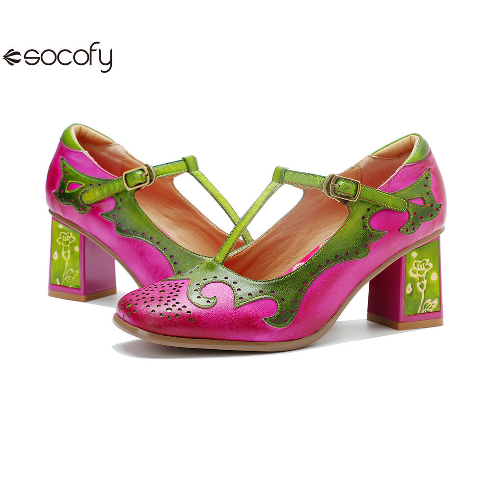 Socofy Handmade Leather Vintage Mary Jane Heels