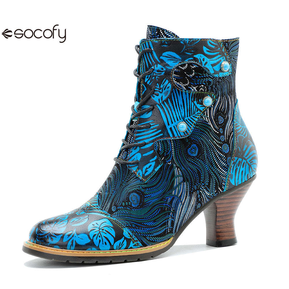 Socofy Autumn and Winter Printed Retro Lace-up Short Heel Women's Boots