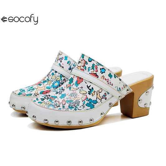 Socofy Handmade Leather Crushed Flower Rustic Casual Fashion Comfortable High Heeled Sandals 1000