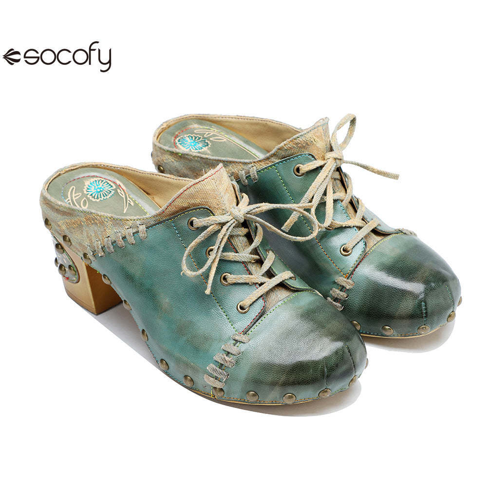 Socofy Leather Retro Street Style Rivet Chunky Heeled High Heels