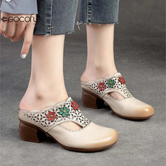 Socofy Ethnic Style Flower Mid Heel Round Toe Retro Comfortable Versatile Women Shoes