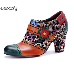 Socofy Genuine Leather Vintage Floral Chunky Heeled Women Pumps