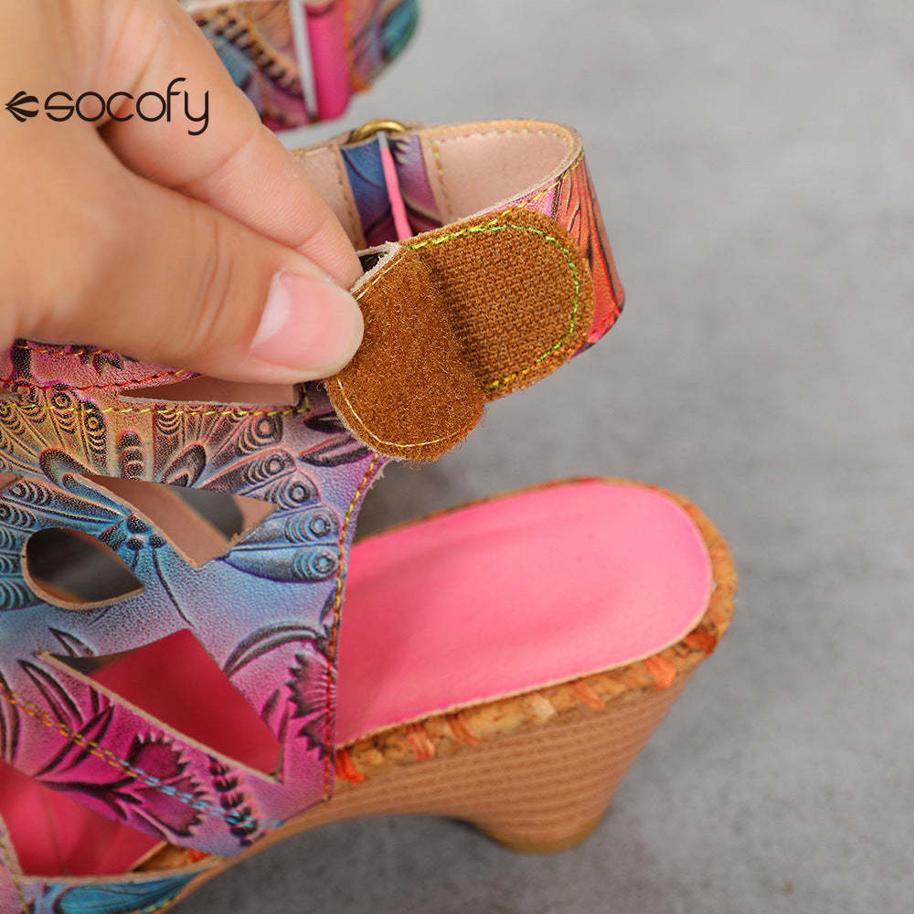 Socofy Summer ethnic style cowhide retro casual fish mouth women's sandals