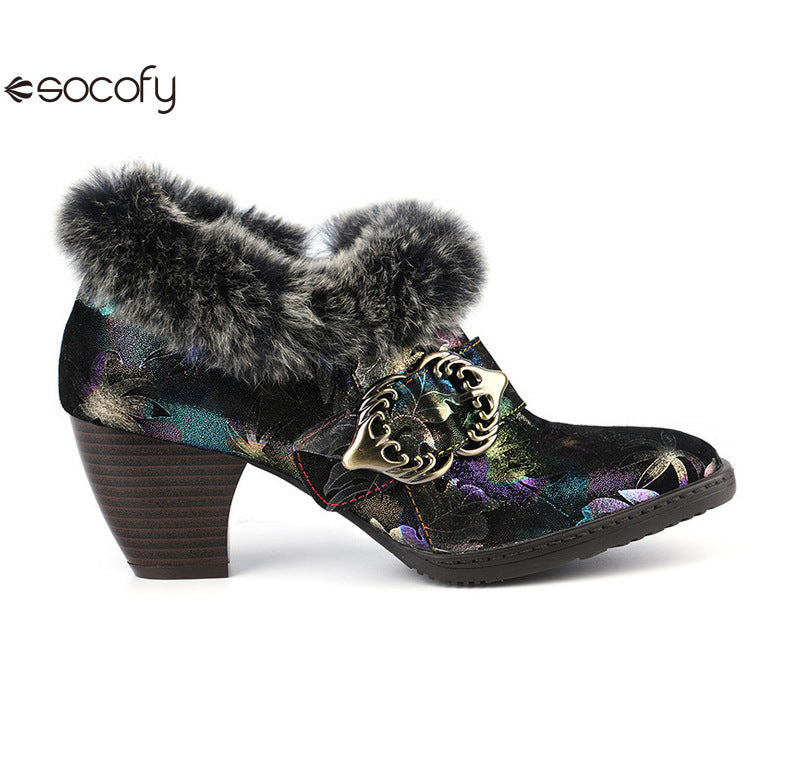 Socofy Vicconfy Genuine Leather Vintage Genuine Wool Patchwork Vintage Illusion Pumps