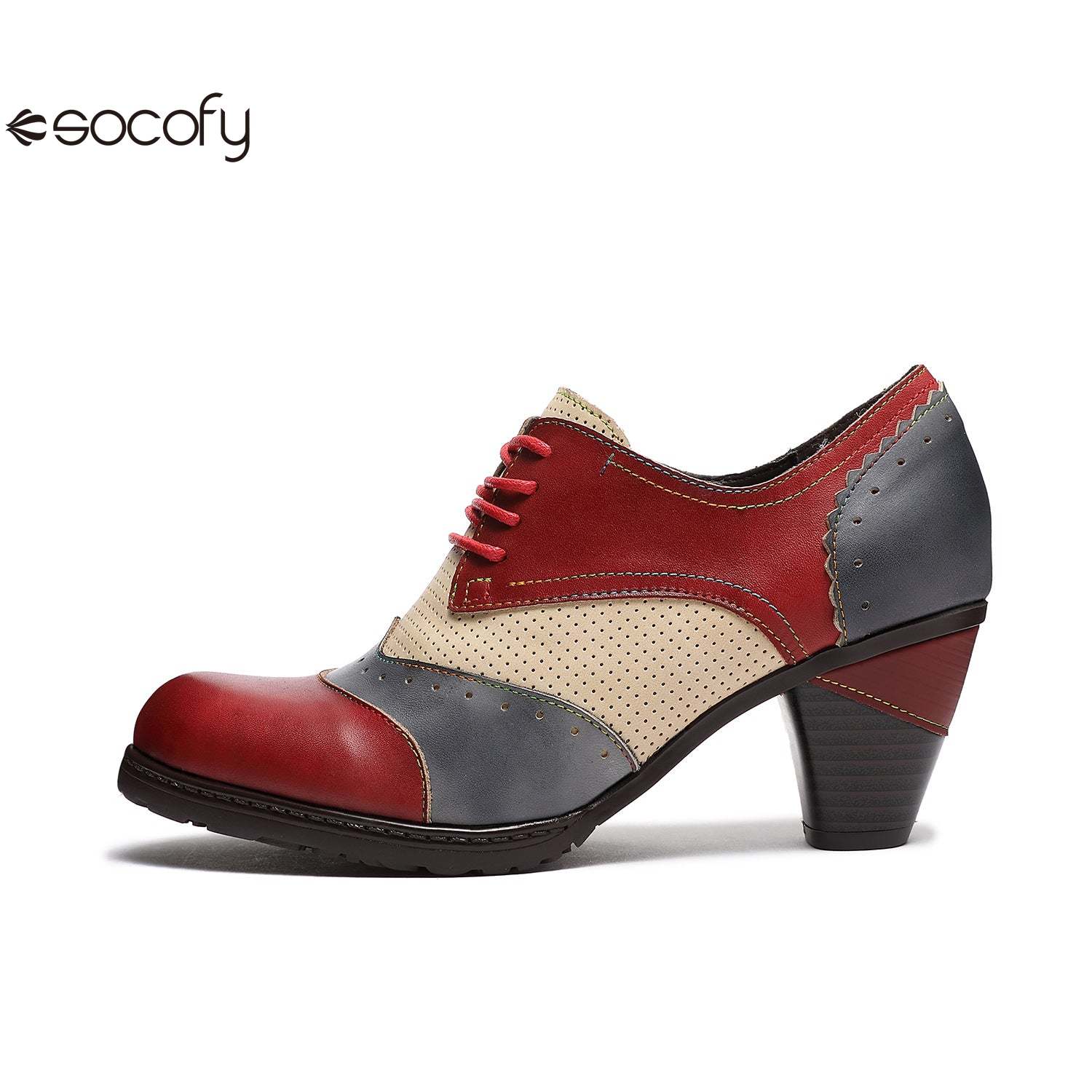 Socofy Thick-heeled retro ethnic style low-top round-toe women pumps