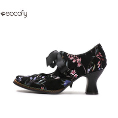 Socofy Flower Antique Style High Heel Round Toe Women's Shoes