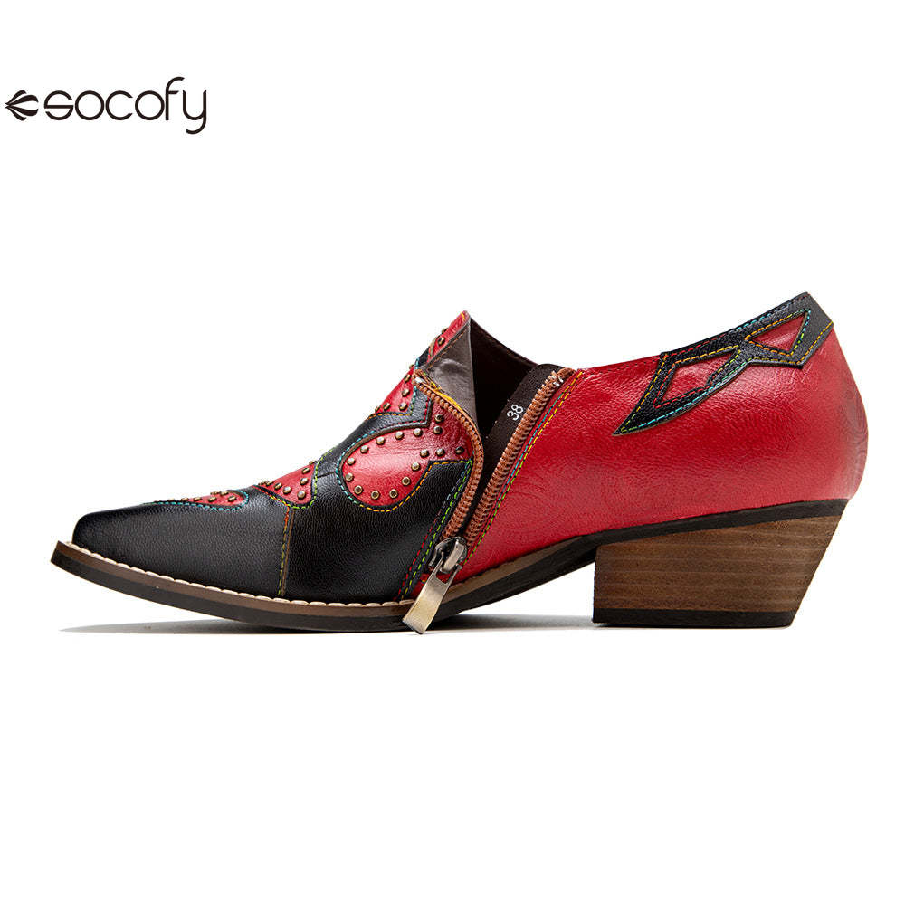 Socofy Genuine Leather Retro Round Rivet Deco Shallow Flat Shoes