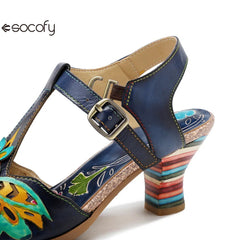 Socofy Genuine Leather Hand-painted Retro Contrast Comfortable High Heeled Sandals