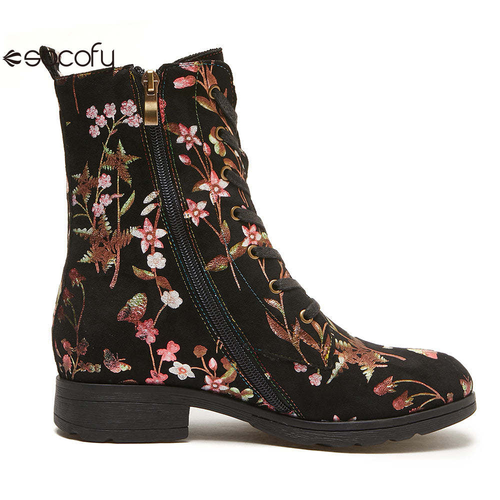 Socofy Autumn and winter warm and wear-resistant mid-calf round-toe cowhide leather fashion boots