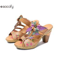 Socofy Vicconfy Flower Patchwork Head Cowhide High Heel Women's Sandals Slippers