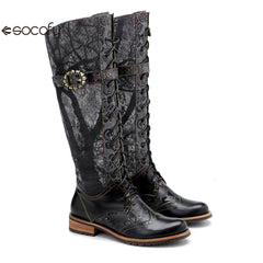 Socofy Vicconfy Genuine Leather Dark Flower Lace Up Flat Boots