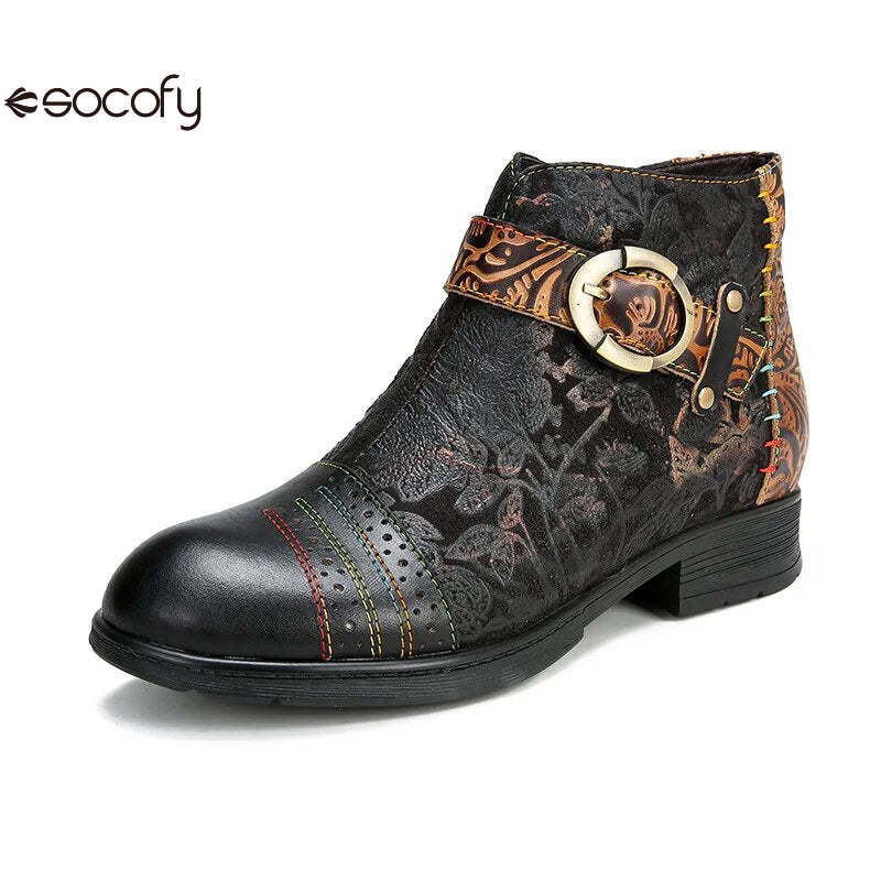 SOCOFY Genuine Leather Ethnic Style Round Toe Belt Buckle Handmade Embossing Short Boots