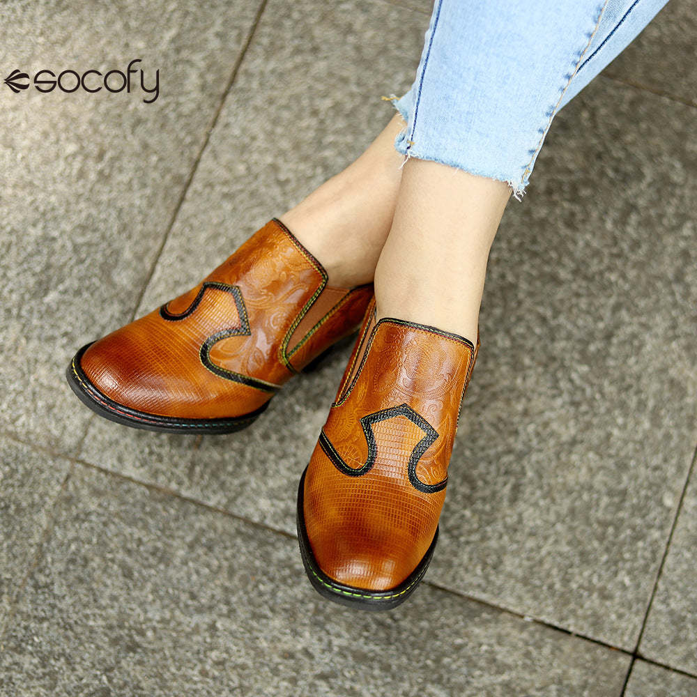 Socofy genuine leather retro style women's thick heel high heels