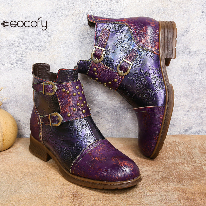 Socofy Vicconfy Genuine Leather Ethnic Vintage Rivet Belt Buckle Boots