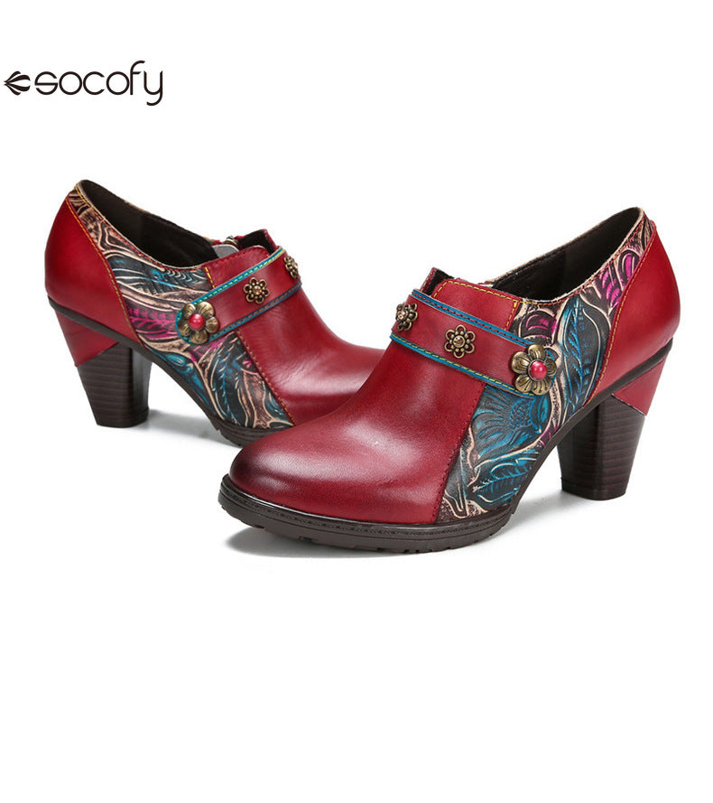 Socofy Vicconfy Genuine Leather Flower Buckle Side Zipper Pumps