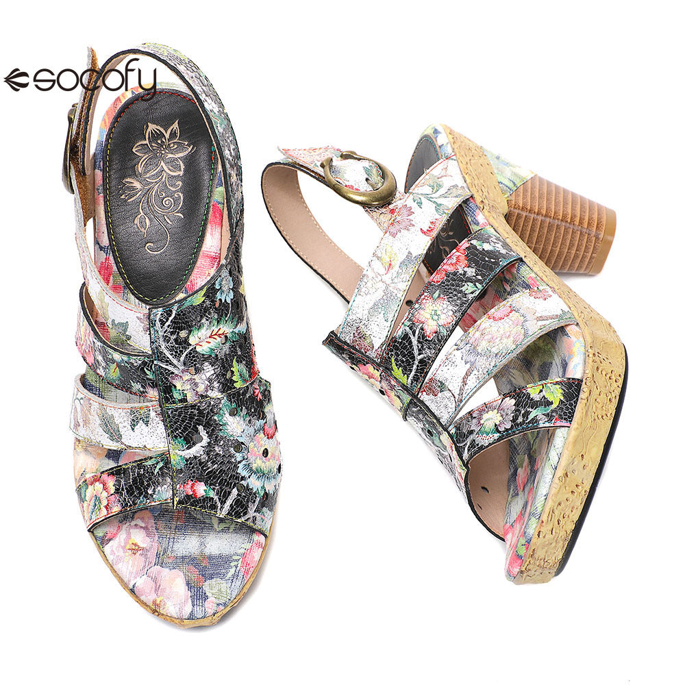 Socofy Vicconfy Leather Floral Heeled Black Sandals