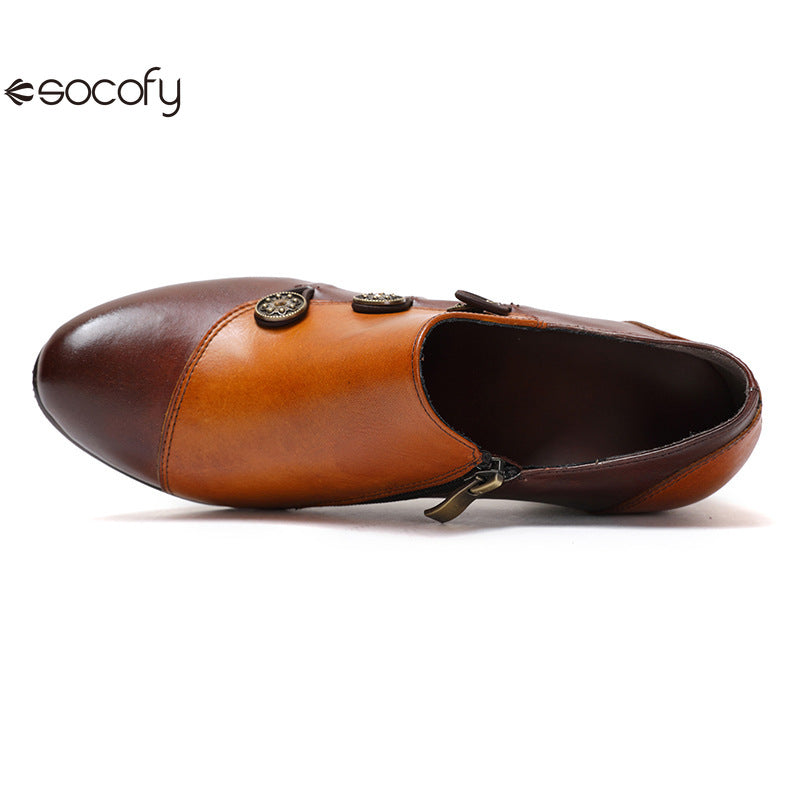 Socofy Vicconfy Genuine Leather Ethnic Style Handmade Vintage Literary Buckle Heels