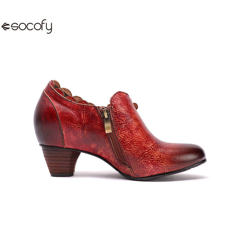 Socofy Genuine Leather Handmade Vintage Fashion Side Zipper High Heels Women's Shoes