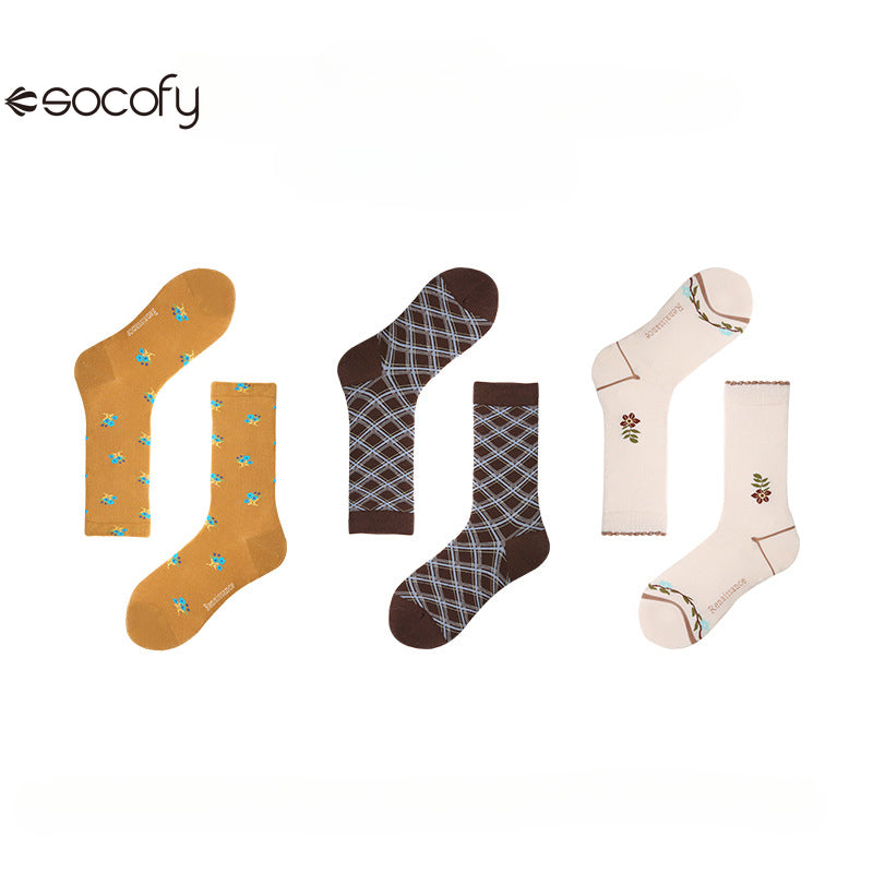 Socofy Vintage mid-calf socks for women combed cotton fashion socks